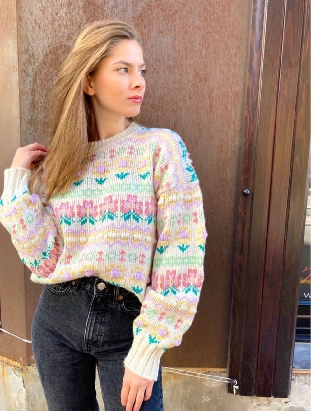 MNG By Mango Floral Fair Isle Sweater Sz M Cottagecore Whimsical Coquette Cozy
